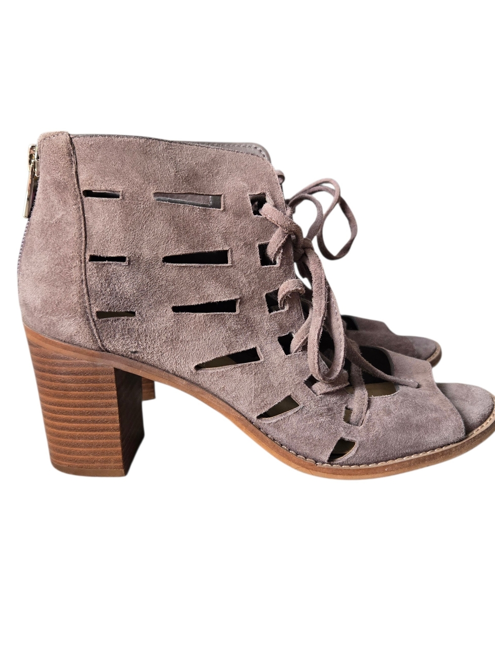 Vince Camuto Dusty Taupe Suede Lace-Up Cutout Peep-Toe Booties